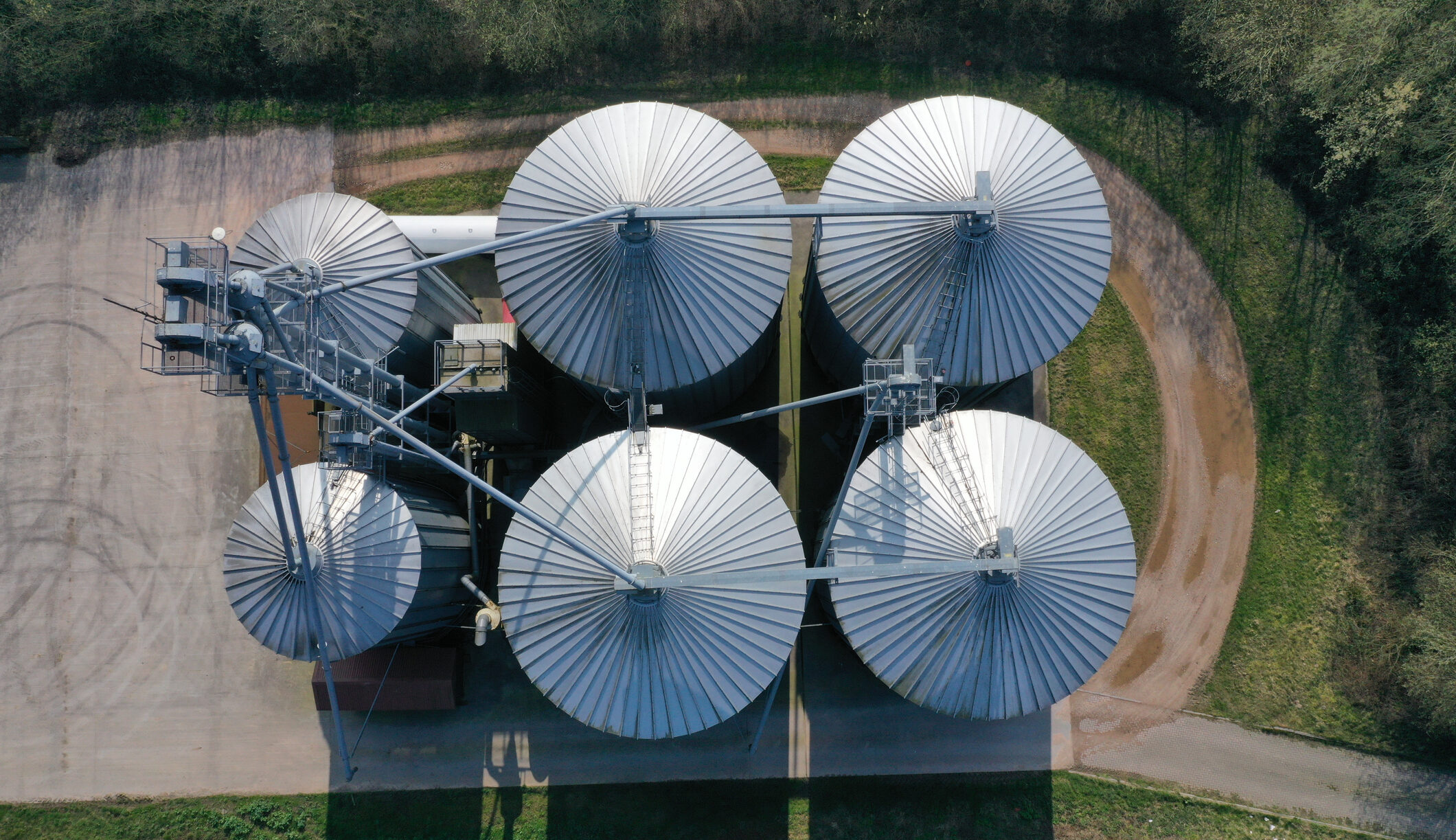 birds eye view of grain silo roofs